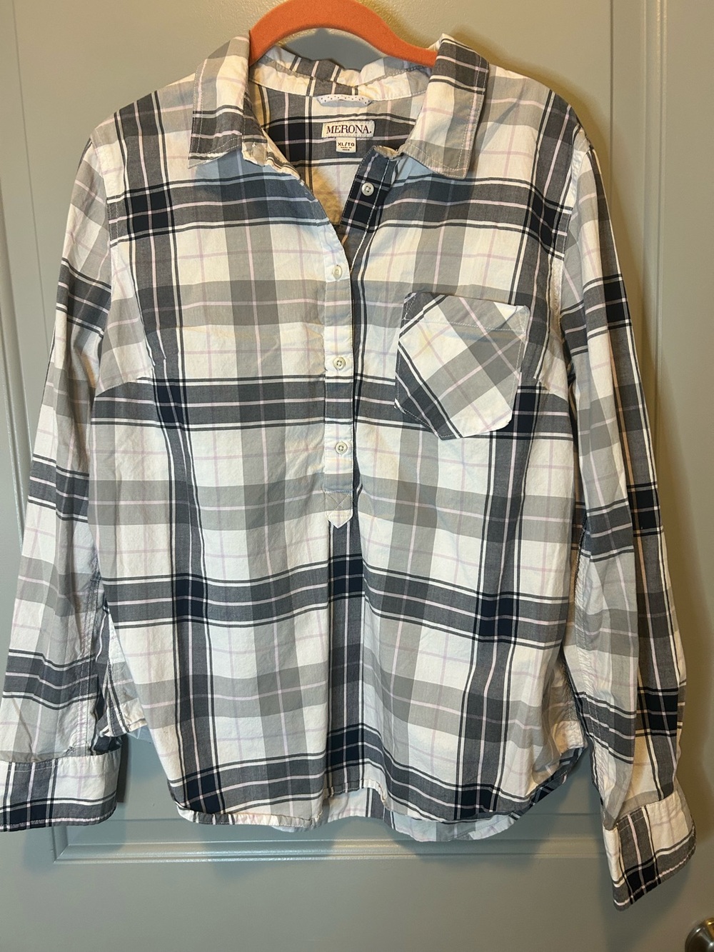 Merona Contemporary White and Gray Plaid Button-Front Shirt